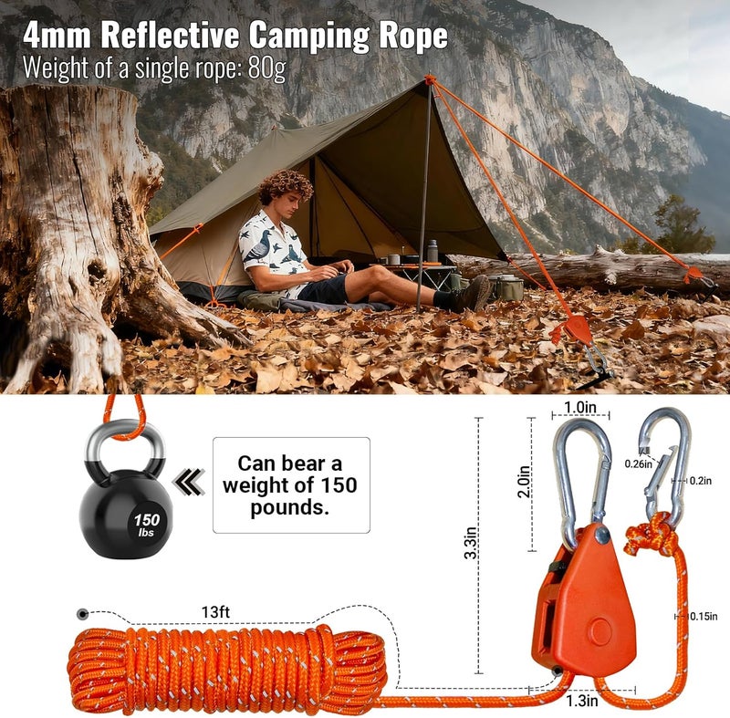SOHIDAS Camping Rope Reflective Tent Rope Guyline with Ratchet Pulley, Tarp Tie Down Ropes for Tent Tarp, Canopy Shelter, Camping, 13ft Adjustable Guy Line for Canopy Tent 6 Pack Guy Lines Tents Cords - Image 2